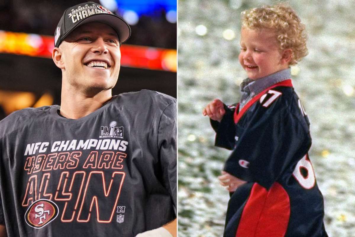 San Francisco 49ers RB Christian McCaffrey on the left after the NFC Championship Game and on the right after father Ed and the Denver Broncos won Super Bowl XXXII. Credit: people.com 